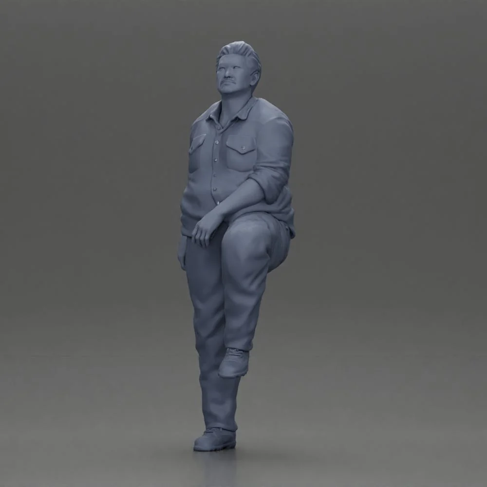 Fat Asian man looking upward in shirt and pants with one leg placed on a step - Image 9