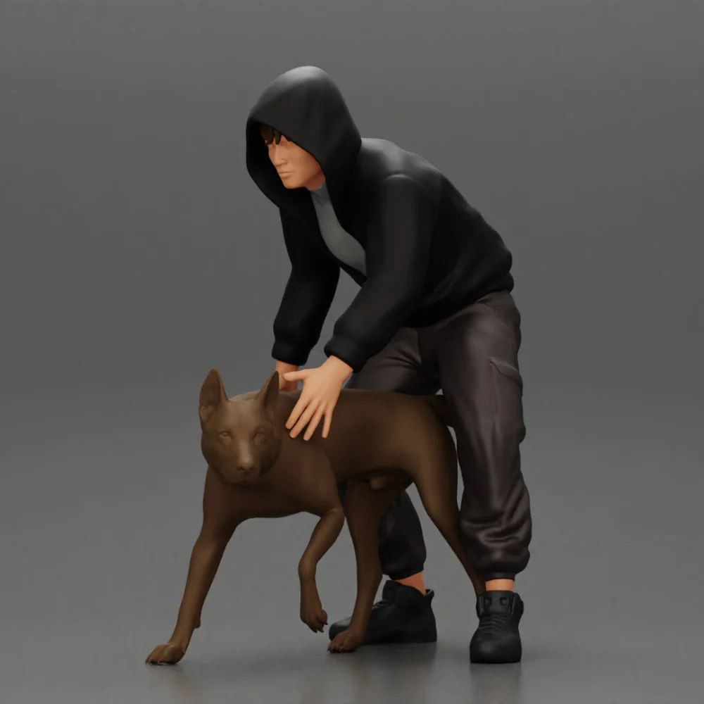 gangster homie in hoodie and short with his dog on the street