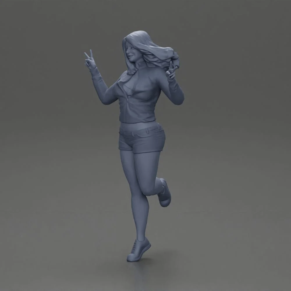 happy girl in a mini jacket and shorts, jumping on one leg - Image 10