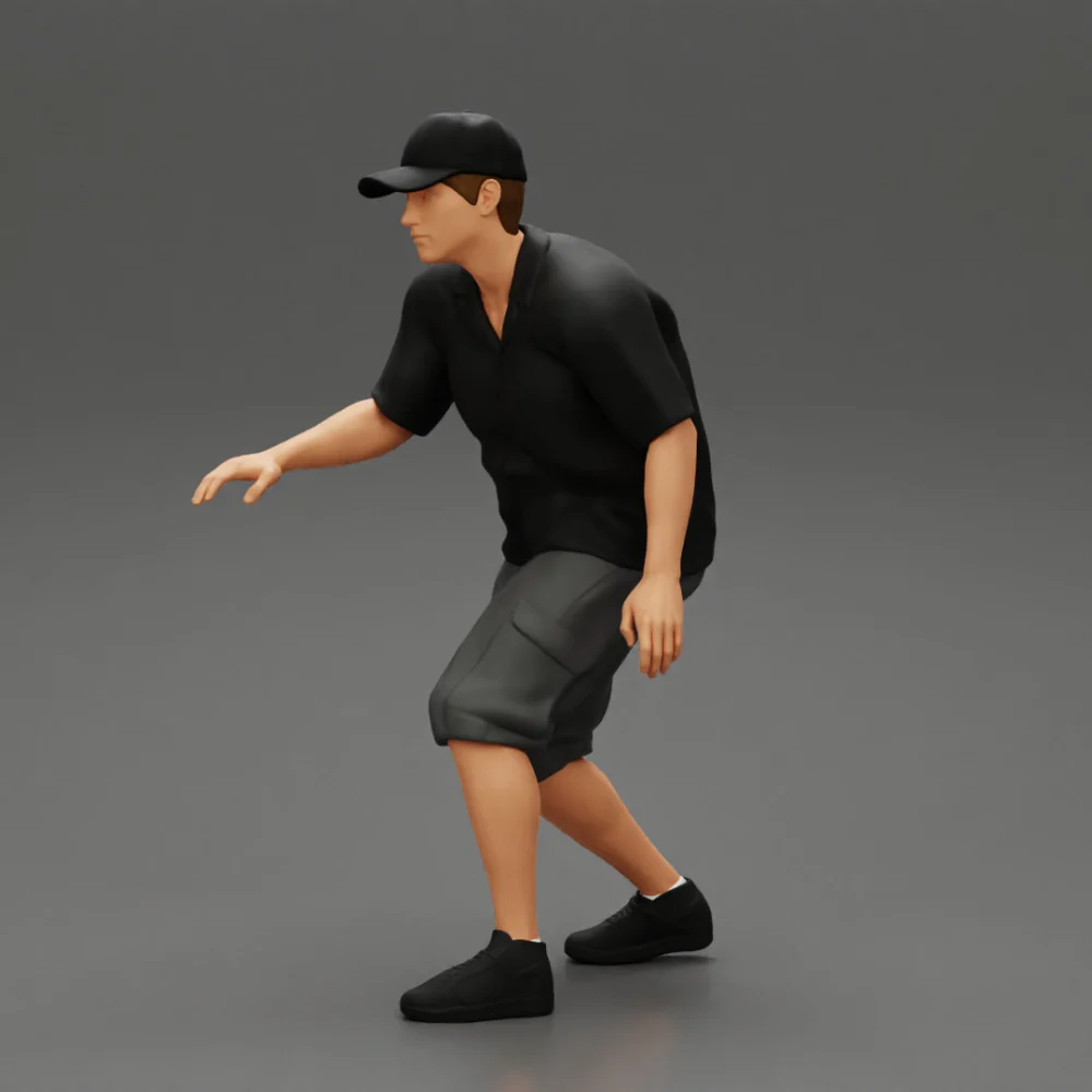 Man bent over while walking in cap
