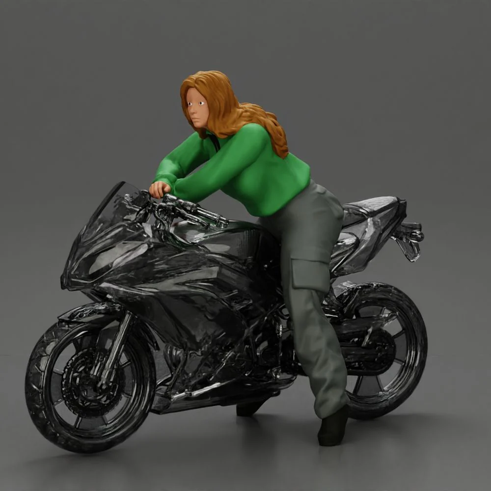 motorcyclist woman hoodie sitting on motorcycle