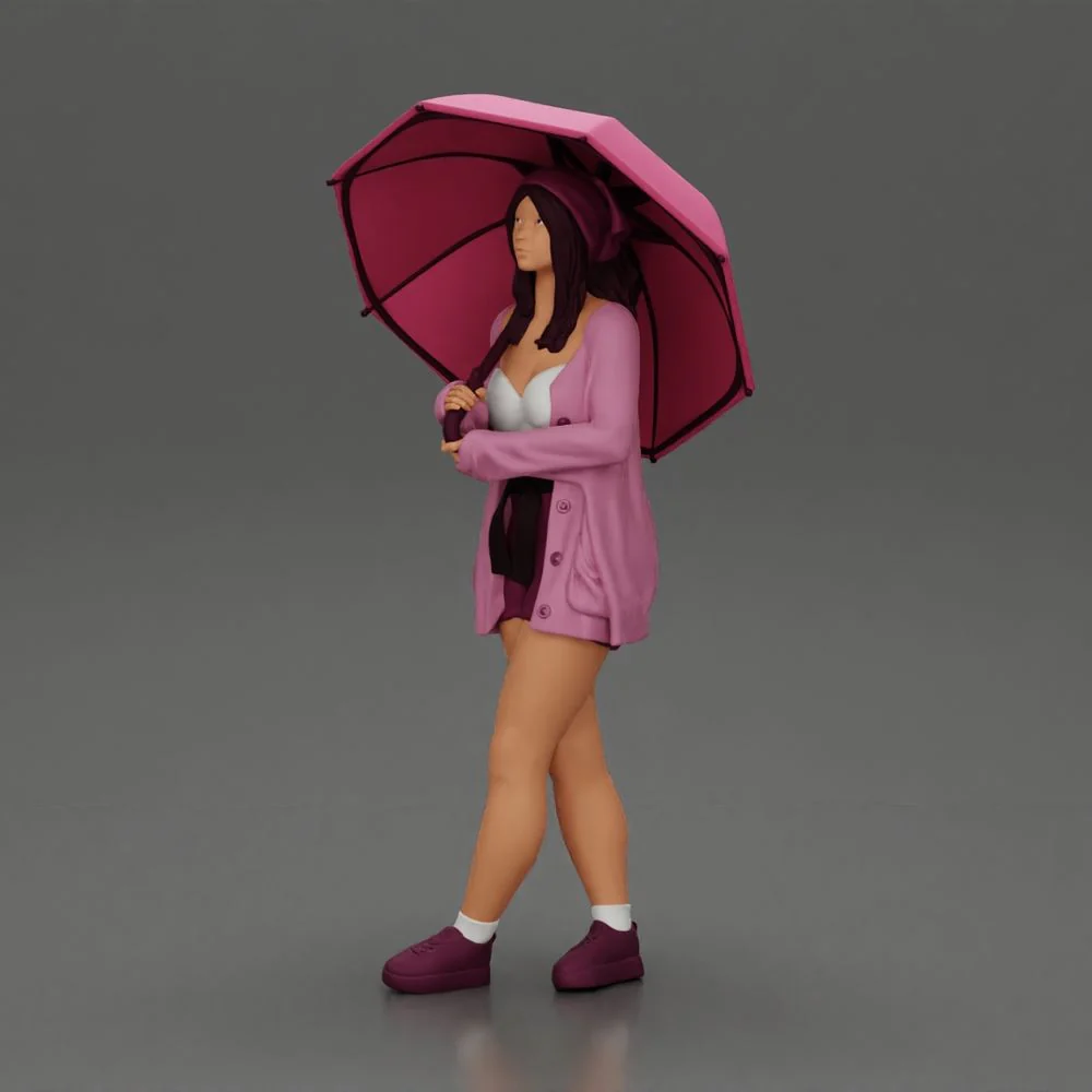Pretty Girl with an Umbrella in Open Sweater and shorts Posing and Standing - Image 5