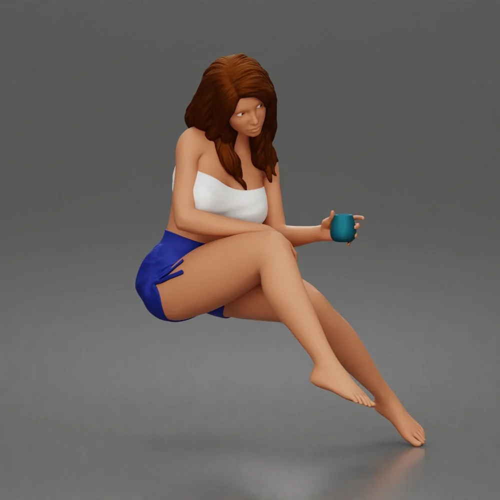 Relaxed woman sips morning coffee wearing summer top and shorts 1-24