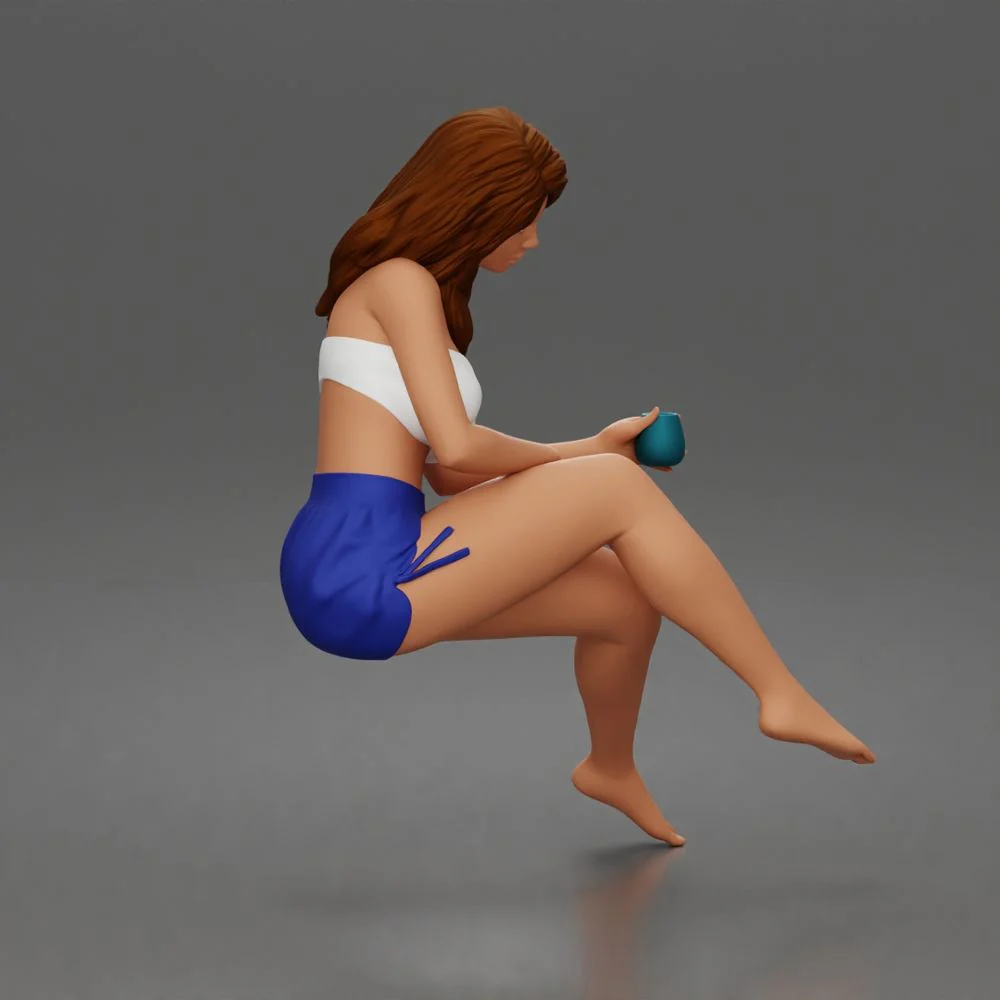 Relaxed woman sips morning coffee wearing summer top and shorts 1-24 - Image 2