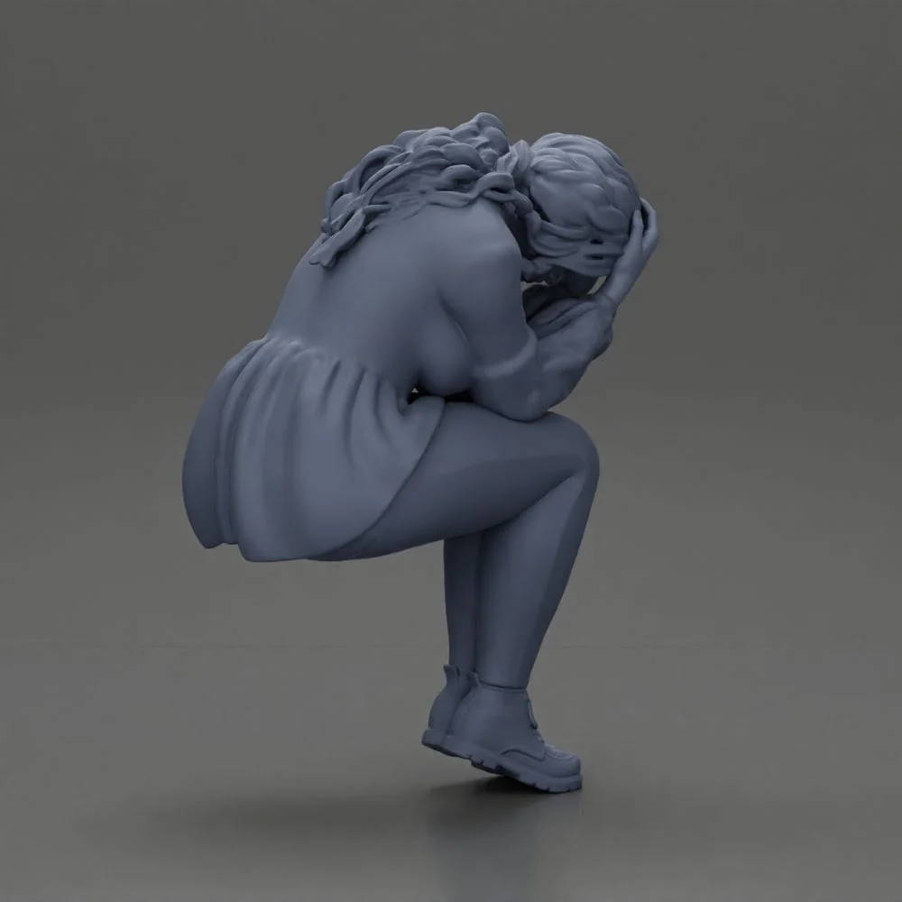 sad girl in a puff-sleeve shirt sitting and crying with her hands covering her face - Image 8