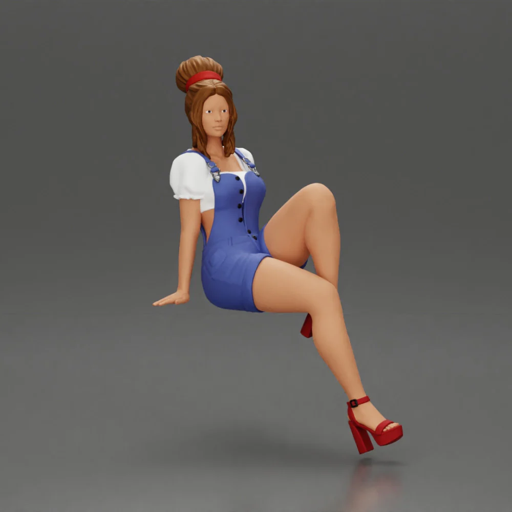 sexy girl in short denim overalls and heels is sitting on the car - Image 2