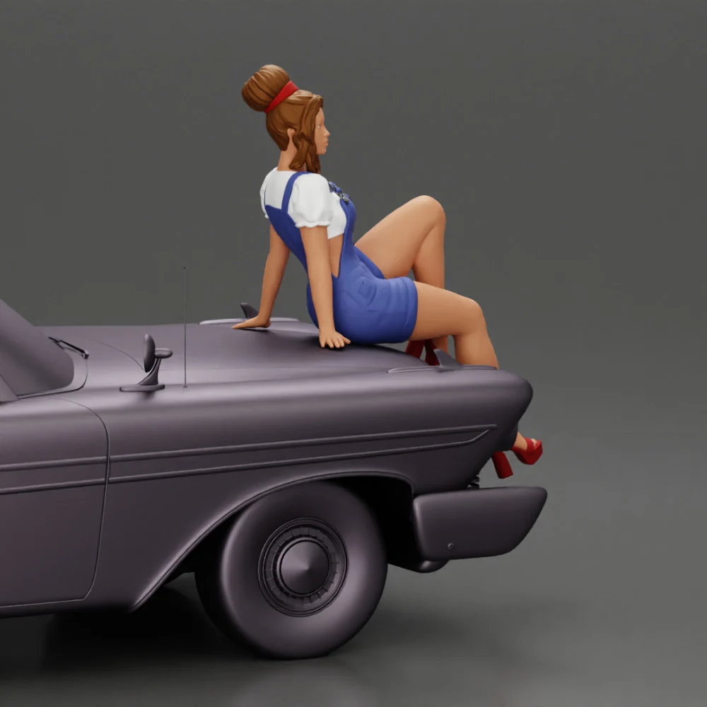 sexy girl in short denim overalls and heels is sitting on the car - Image 3