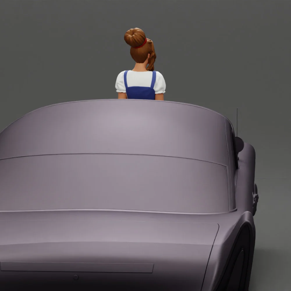 sexy girl in short denim overalls and heels is sitting on the car - Image 4