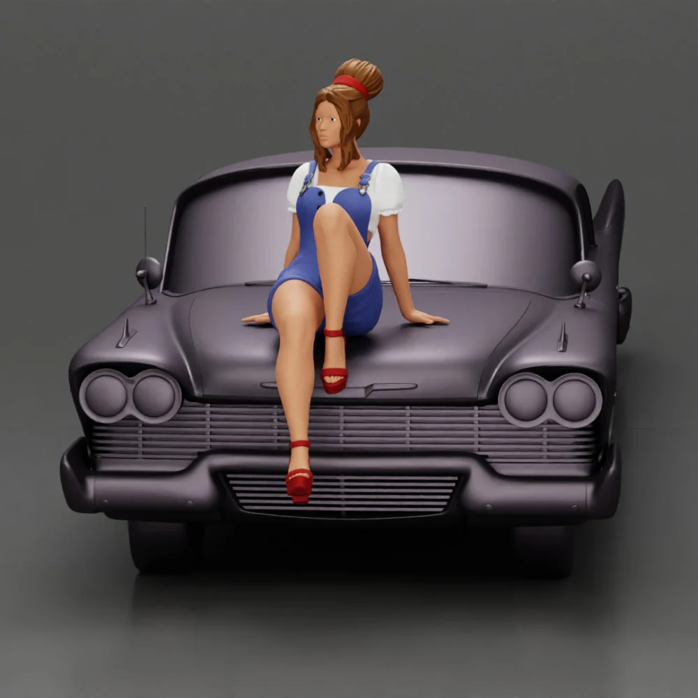sexy girl in short denim overalls and heels is sitting on the car - Image 5