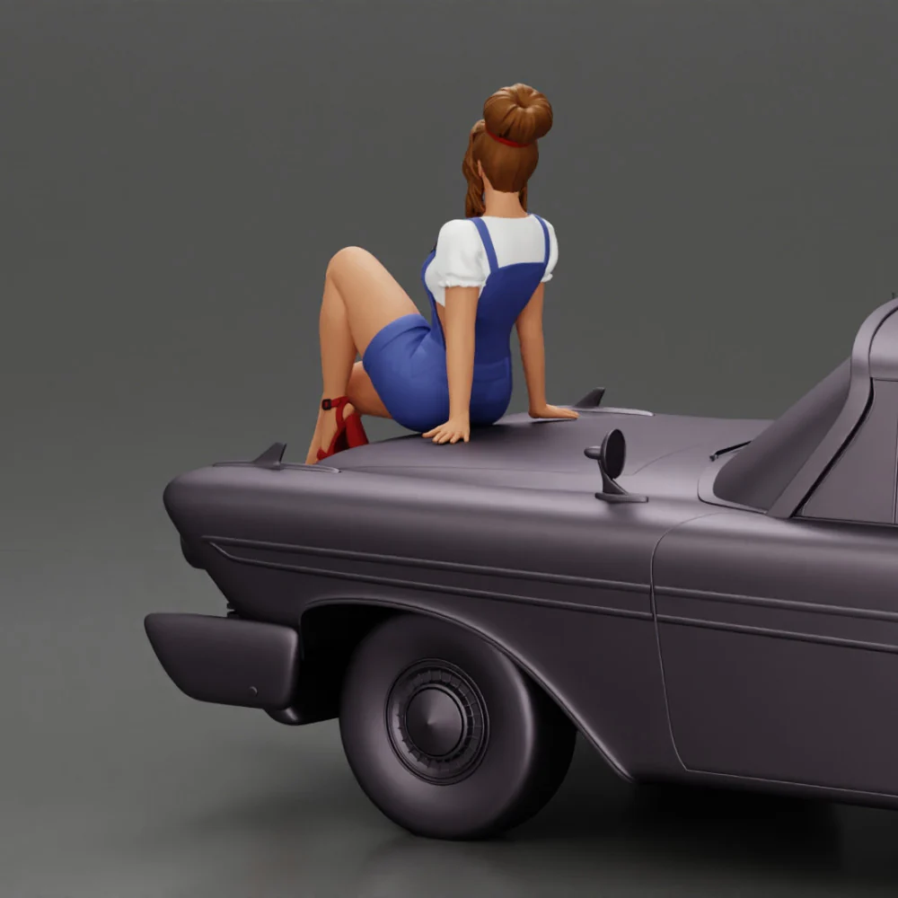 sexy girl in short denim overalls and heels is sitting on the car - Image 6