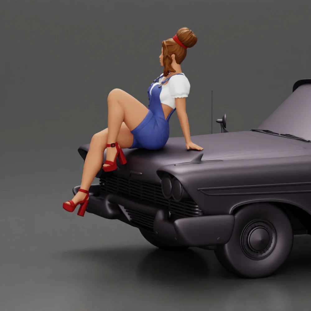 sexy girl in short denim overalls and heels is sitting on the car - Image 7