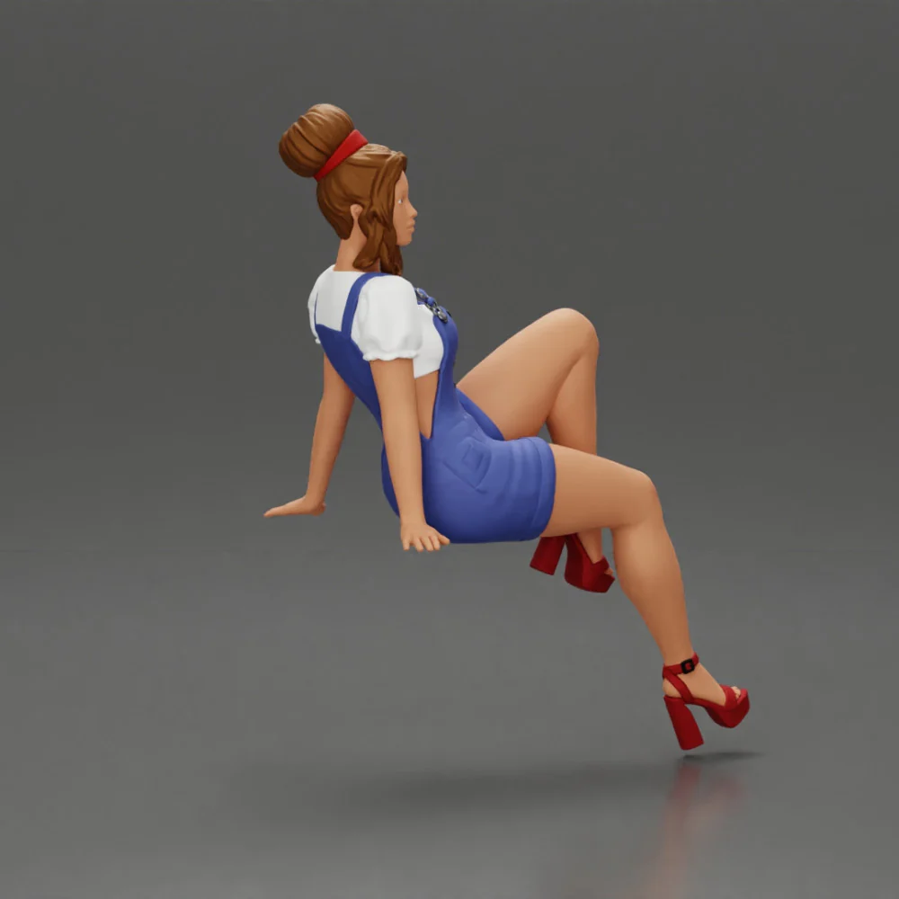 sexy girl in short denim overalls and heels is sitting on the car - Image 8