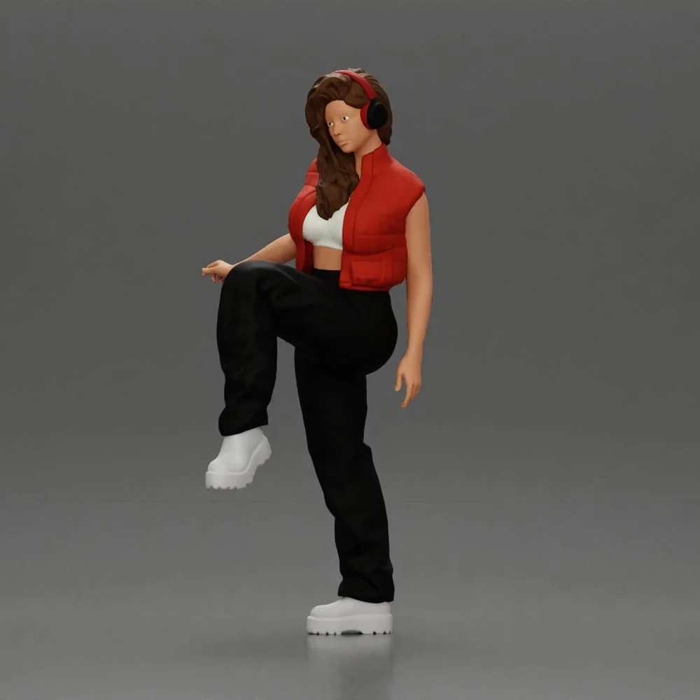 Woman in Headphones Lifting Leg in Stylish Streetwear