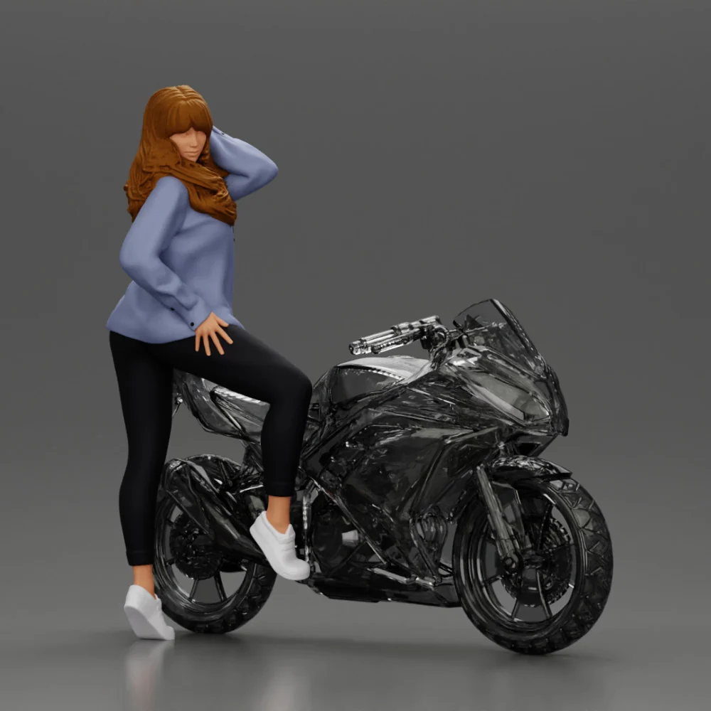 Young woman in shirt with long hair posing with one foot resting on the motorcycle